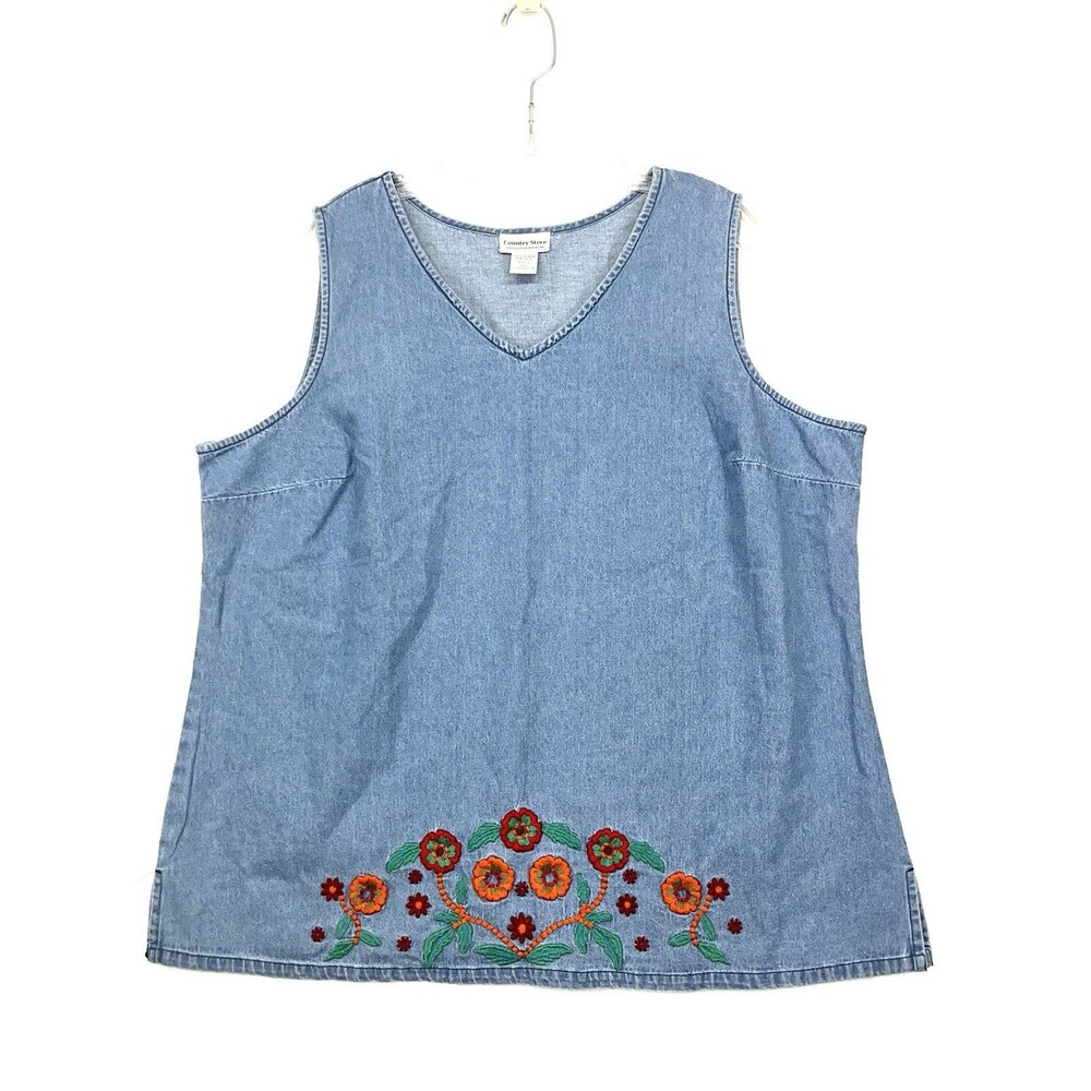 Sleeveless Denim Top With Floral Embroidery At Hem Size 1X By County Store